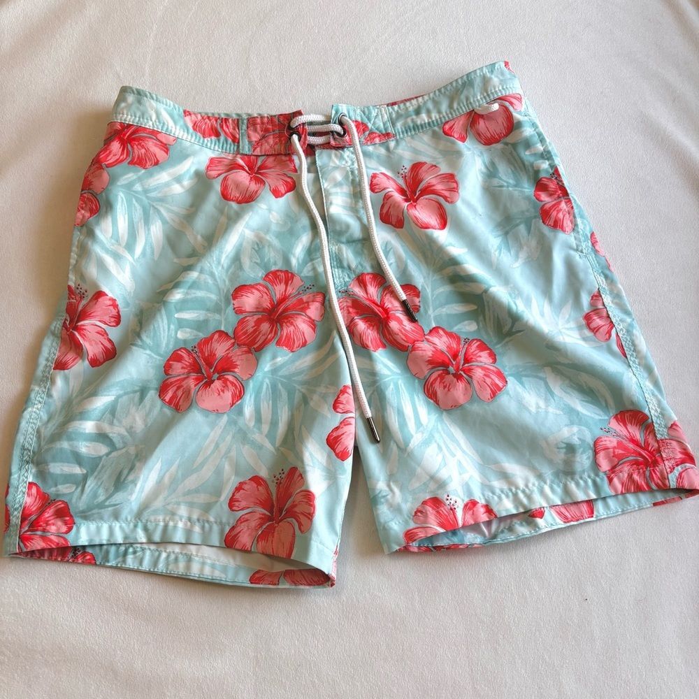 Abercrombie & Fitch Men’s floral swim trunks, mint and red/pink